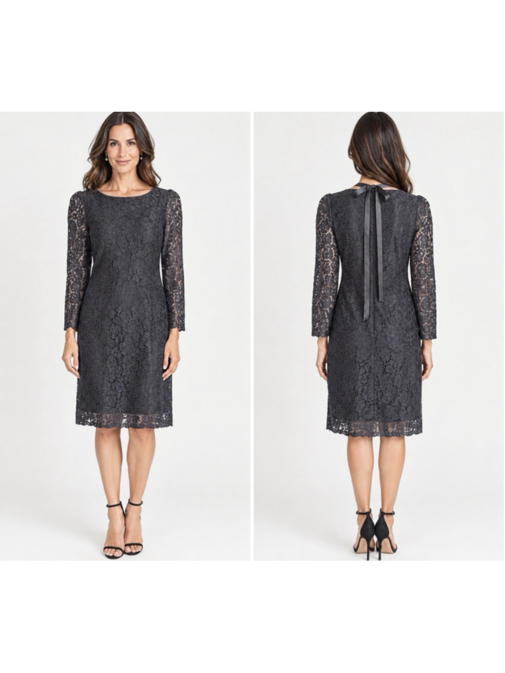 Tahari Dress 14 Black Lace W Ribbon Tie 3/4 Long Sleeve Wedding Guest Party NWT
